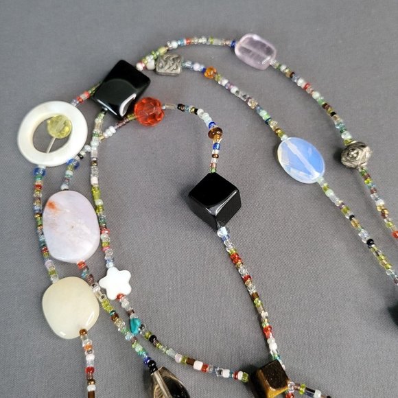Womens Multicolored Beaded Necklace Aventurine Chalcedony Howlite 48 in - Picture 2 of 5